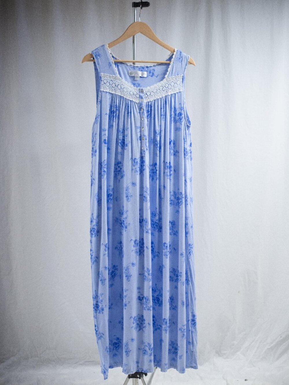 Eileen West Light Blue Floral Cotton Nightgown with Lace Yoke